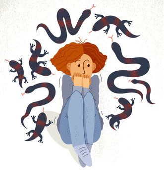 Herpetophobia fear of reptiles snakes and lizards vector illustration, girl surrounded by imaginary reptiles in panic attack and fear, mental health concept.