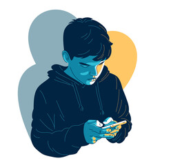 Young teenager boy uses his phone vector illustration isolated on white, phone or internet addiction concept, serious thinking teen boy with smartphone.