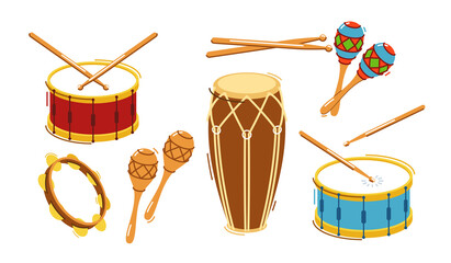 Different drums and percussion big set vector flat illustrations isolated over white background, music instruments shop. - obrazy, fototapety, plakaty