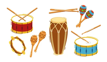 Fotobehang Different drums and percussion big set vector flat illustrations isolated over white background, music instruments shop. © Sylverarts