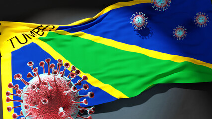 Covid in Tumbes - coronavirus attacking a city flag of Tumbes as a symbol of a fight and struggle with the virus pandemic in this city, 3d illustration