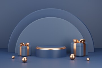 Product Podium with New Year Gifts background.3D illustration