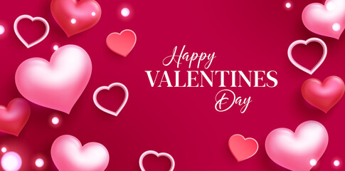 Fototapeta na wymiar Valentines greeting vector background design. Happy valentine's day greeting text with hearts and bokeh decoration elements for valentine celebration messages card. Vector illustration. 
