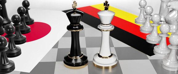 Japan and Germany conflict, clash, crisis and debate between those two countries that aims at a trade deal and dominance symbolized by a chess game with national flags, 3d illustration