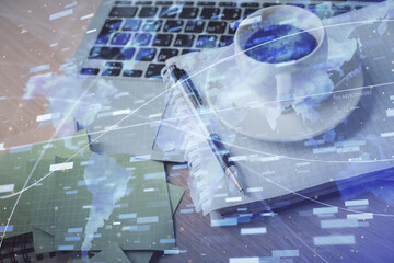 Multi exposure of technology theme drawing and desktop with coffee and items on table background. Concept of data research.