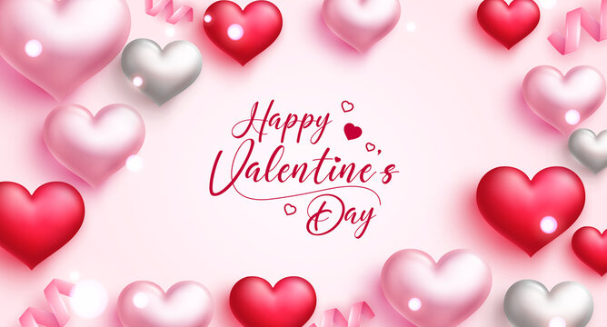 Valentines greeting vector background design. Happy valentine's day typography text in pink space with cute hearts shape elements for valentine love messages and decoration. Vector illustration.
