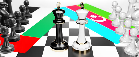 United Arab Emirates and Azerbaijan conflict, standoff, impasse and debate between those two countries that lead to a trade deal symbolized by a chess game with national flags, 3d illustration