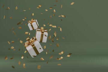 New Year Gifts and confetti.Banner design. 3D Illustration