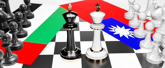 United Arab Emirates and Taiwan conflict, clash, crisis and debate between those two countries that aims at a trade deal and dominance symbolized by a chess game with national flags, 3d illustration