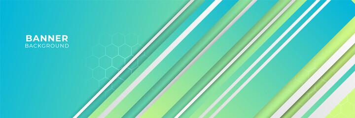 Abstract wide banner background with geometric shapes, stripes, waves, and technology digital elements