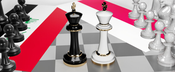 Iraq and Poland conflict, clash, crisis and debate between those two countries that aims at a trade deal and dominance symbolized by a chess game with national flags, 3d illustration
