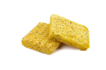 Frozen breaded fish fillets isolated on white