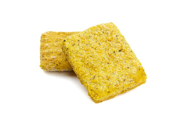 Frozen breaded fish fillets isolated on white