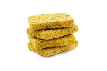 Frozen breaded fish fillets isolated on white