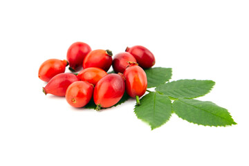 Rose hips briar berries with fresh green leaves isolated on white
