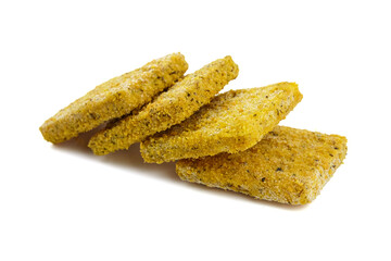 Frozen breaded fish fillets isolated on white
