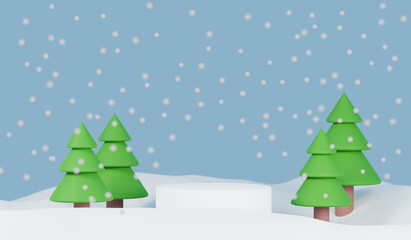 Product Podium Snow Scene with Pine Tree.3D illustration