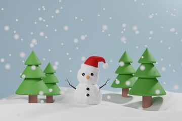 Snow man with pine tree on snow background. 3D illustration