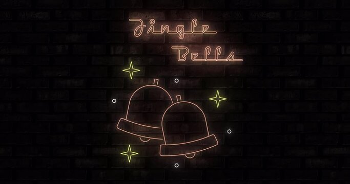 Animation of neon jingle bells text and bells on black background
