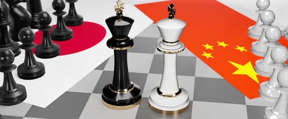 Japan and China conflict, clash, crisis and debate between those two countries that aims at a trade deal and dominance symbolized by a chess game with national flags, 3d illustration