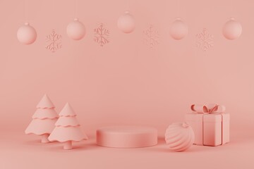 Product Podium Christmas and New Year Concept with Christmas Tree and Snowflake.3D illustration