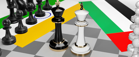 India and United Arab Emirates conflict, clash, crisis and debate between those two countries that aims at a trade deal and dominance symbolized by a chess game with national flags, 3d illustration