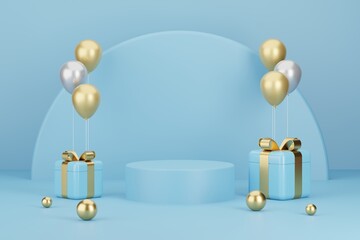 Product Podium with New Year Gifts and Balloons background.3D illustration