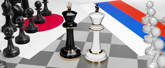 Japan and Russia conflict, clash, crisis and debate between those two countries that aims at a trade deal and dominance symbolized by a chess game with national flags, 3d illustration