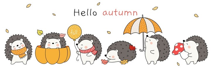 Draw cute hedgehogs in autumn Wodland animal © anchalee