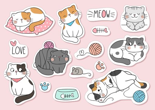 Draw Collection Stickers Funny Cats Doodle Cartoon Style