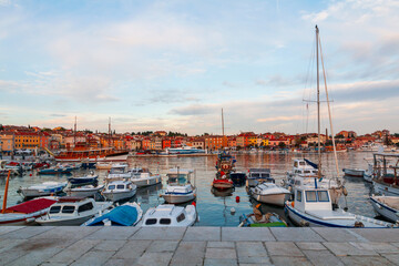 Rovinj cozy little seaside old town with harbor on the Istrian peninsula in Adriatic sea at sunset