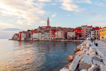 Rovinj cozy little seaside old town with harbor on the Istrian peninsula in Adriatic sea at sunset
