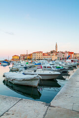 Rovinj cozy little seaside old town with harbor on the Istrian peninsula in Adriatic sea at sunrise in Croatia