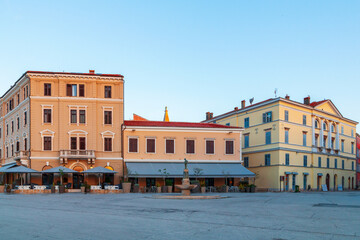 Rovinj cozy little seaside old town street with harbor on the Istrian peninsula, Adriatic sea