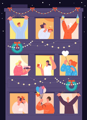 Home christmas time. People celebrating winter holidays, neighbors look out windows. New year celebrations, xmas good house utter vector poster