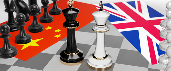 China and UK England conflict, clash, crisis and debate between those two countries that aims at a trade deal and dominance symbolized by a chess game with national flags, 3d illustration