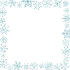Fototapeta na wymiar Frame of blue snowflakes. Line art. Ice crystal winter symbol. Template for winter design. 