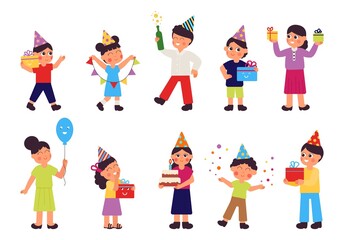 People with gifts. Birthday party, happy celebrating women and man. Cartoon funny kids, festive confetti and food. Festival decent vector characters