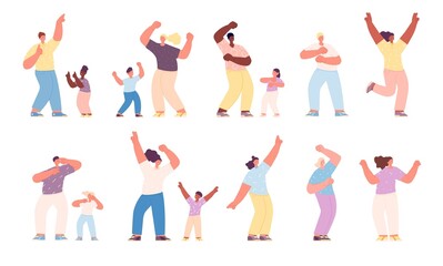 Dancing family. Happy dancer children, activities isolated parents and kids. Joyful people, laughing mother dad daughter. Music party utter vector characters
