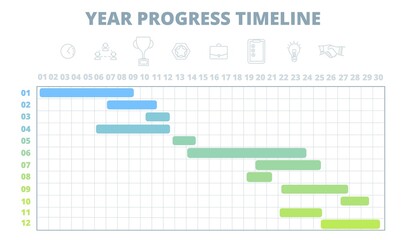 Project schedule. Year timeline, work development chart template. Gantt diagramm for business startup, infographic calendar. Planning utter vector scheme - obrazy, fototapety, plakaty