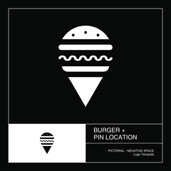 Burger and pin location pictorial logo template. Negative space style.
