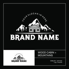 Wood cabin and mountains logo template. Logo emblem - negative space style.
