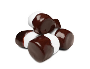 Tasty marshmallows dipped into chocolate on white background