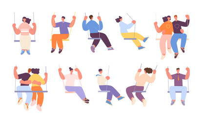 People on swing. Adults swinging, couple swings sitting. Romantic dating, isolated cartoon person in love. Flat dreaming utter vector characters