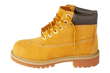 Yellow leather boot on a white background. Nubuck shoes. White background isolate. 6 inch
