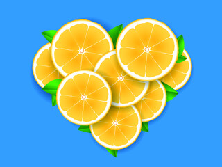 Orange slices in the shape of a heart on a blue background.