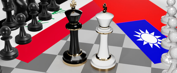 Iraq and Taiwan conflict, clash, crisis and debate between those two countries that aims at a trade deal and dominance symbolized by a chess game with national flags, 3d illustration