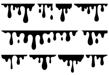 Black dripping elements. Dropping paint, syrup stain melted. Trickle drips, isolated liquid oil melt. Dynamic ink flow, graphic decent vector set