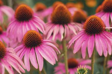 Coneflowers, beautiful multicolored flowers in the park. Natural background. Flowers background. Beautiful neutral colors..