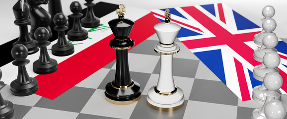 Iraq and UK England conflict, clash, crisis and debate between those two countries that aims at a trade deal and dominance symbolized by a chess game with national flags, 3d illustration